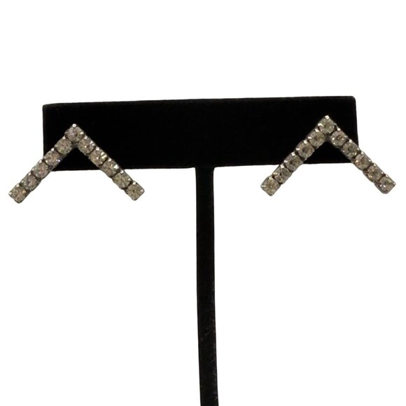 Vintage Rhinestone Chevron Stud Earrings Silver-Tone Metal - Picture 2 of 8